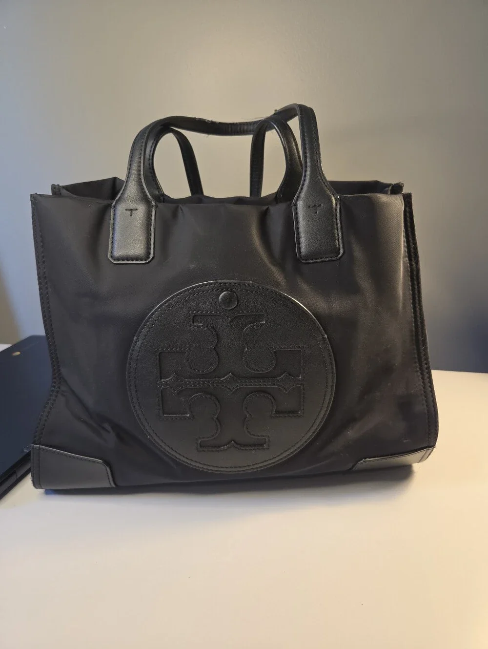 Tory Burch Ella Black Nylon Leather Tote Bag Authentic Logo Design